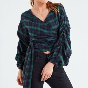 Urban Outfitters Plaid Wrap Blouse - Green and Navy